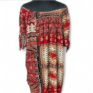 Off-Shoulder Red Patchwork Boho Top XL